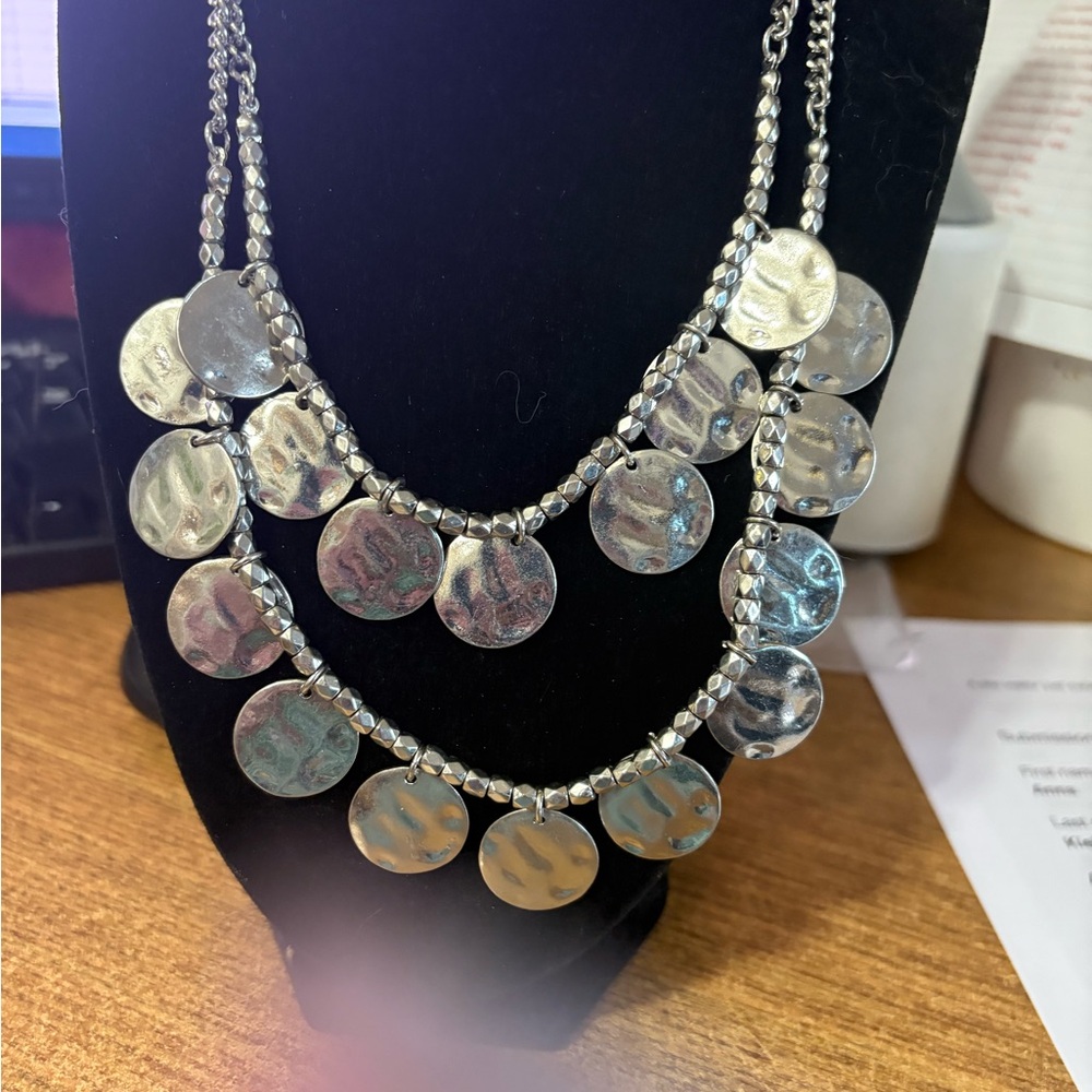 S72 Vintage Charming Charlie Silver Disc Necklace